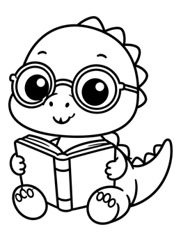 A dinosaur coloring page showing a cute baby dino wearing round glasses while reading a book.