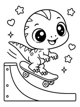 A cute baby dinosaur coloring page featuring a tiny raptor riding a skateboard down a ramp.