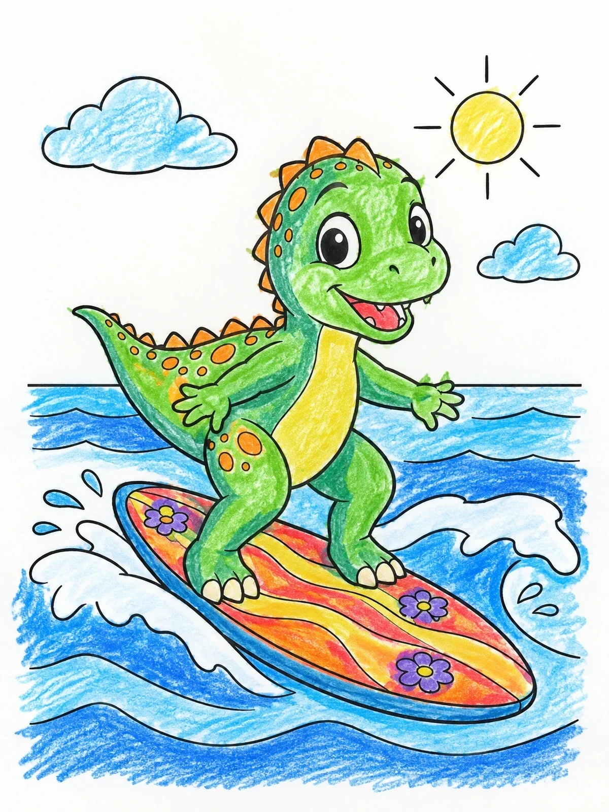 Colored example of the Cute Baby Dinosaur Surfing Ocean Waves coloring page