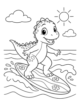 Free printable Cute Baby Dinosaur Surfing Ocean Waves coloring page