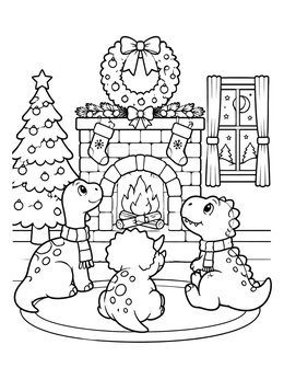 Three baby dinos relax in this christmas dinosaur coloring page by the hearth.