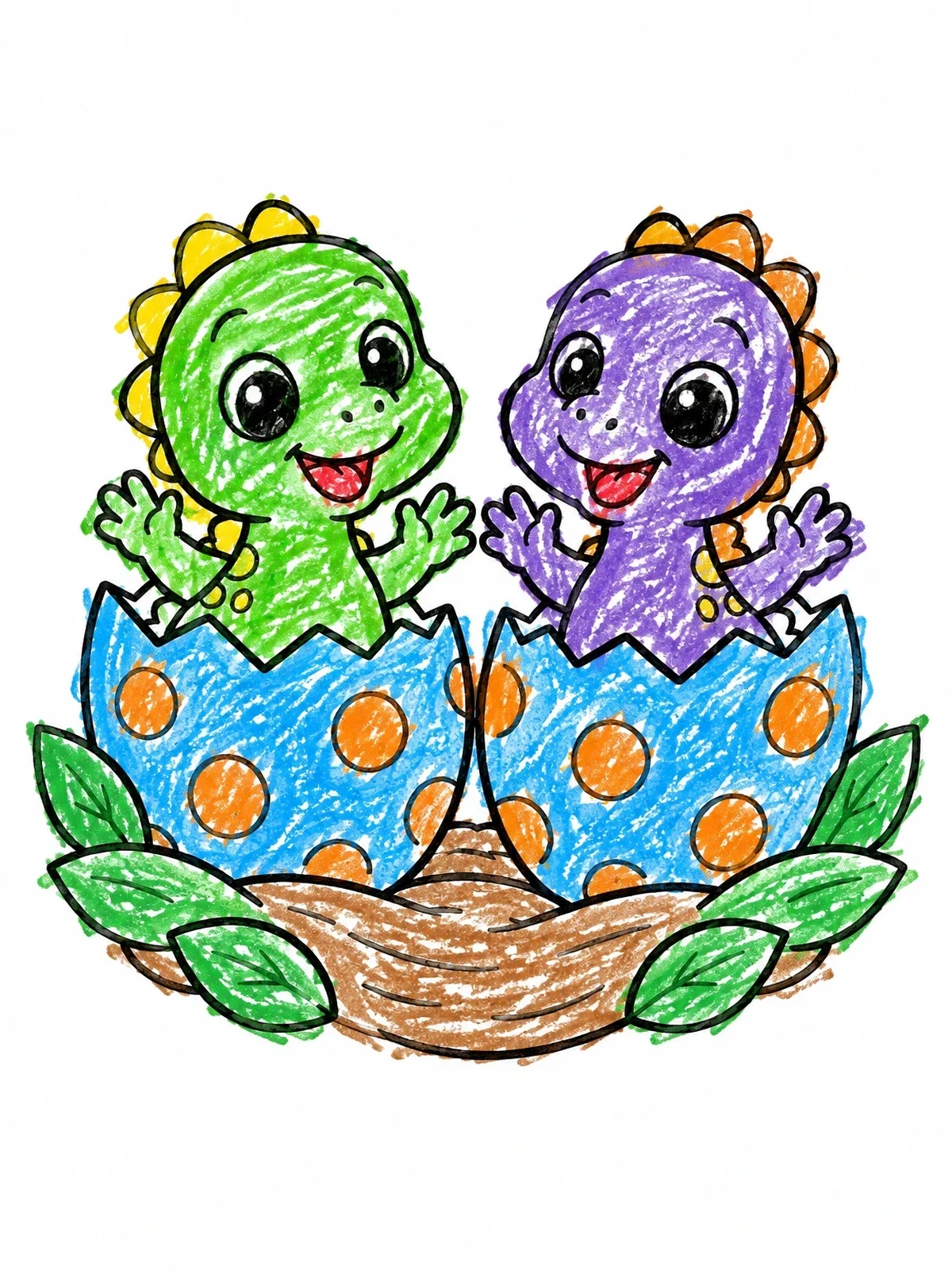 Colored example of the Twin Baby Dinosaurs Hatching In Nest coloring page