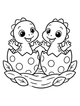 Two cute baby dinosaurs hatch in this dinosaur egg coloring page.