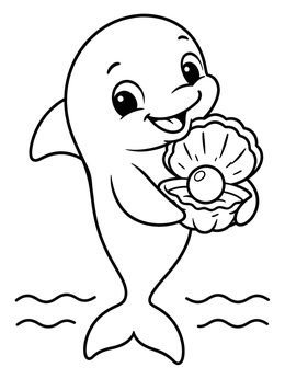 A cheerful baby dolphin holding an open pearl shell on this dolphin coloring page.
