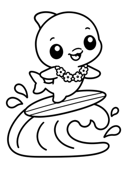A cute dolphin coloring page showing a baby dolphin surfing on a wave with a flower necklace.
