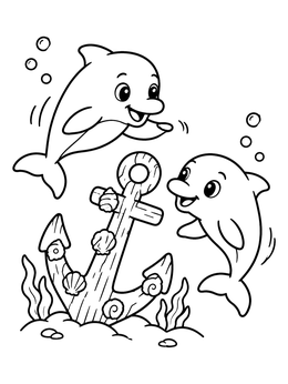 Two happy calves swim around a sea anchor in this dolphin coloring page.