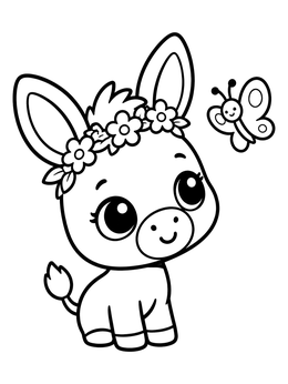 A sweet baby donkey coloring page featuring a floral crown and flying butterfly.