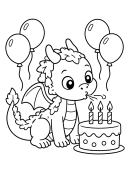 A cute baby dragon coloring page blowing out candles on a birthday cake with balloons.