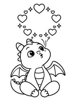 A sweet dragon valentine coloring page showing a baby dragon blowing a ring of hearts and stars into the air.