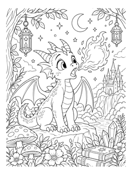 A magical dragon breathing fire coloring page featuring a cute dragon near a fantasy castle.