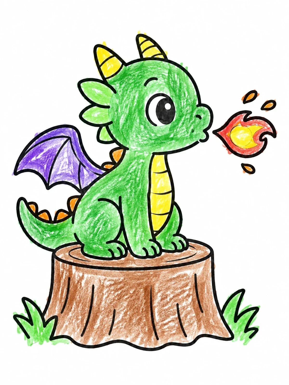 Colored example of the Cute Baby Dragon On Tree Stump coloring page