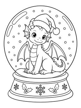 A cute christmas dragon coloring page featuring a baby dragon inside a decorative snow globe.