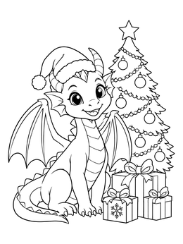 A festive christmas dragon coloring page featuring a baby dragon in a Santa hat by a decorated tree.