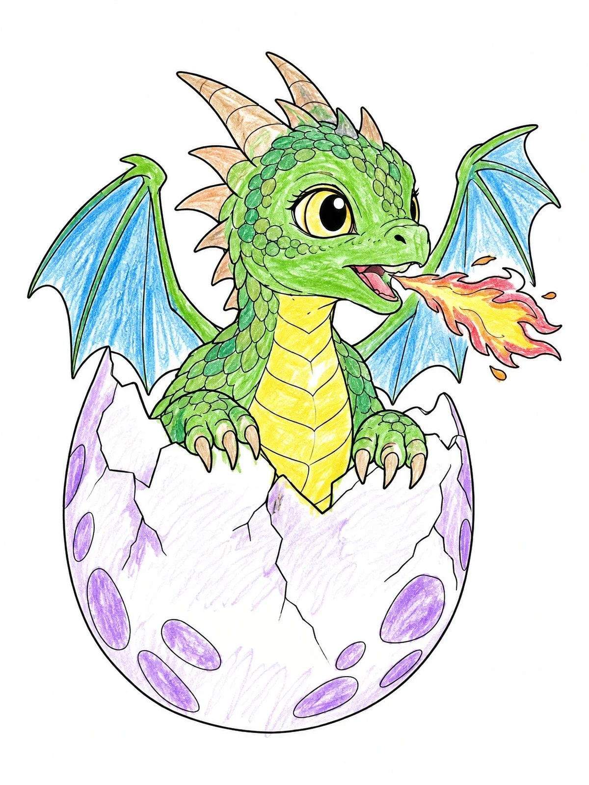 Colored example of the Cute Dragon Hatchling Breathing Fire coloring page