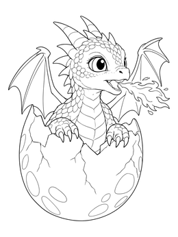 An adorable baby dragon breathing fire coloring page featuring a hatchling inside a cracked egg.