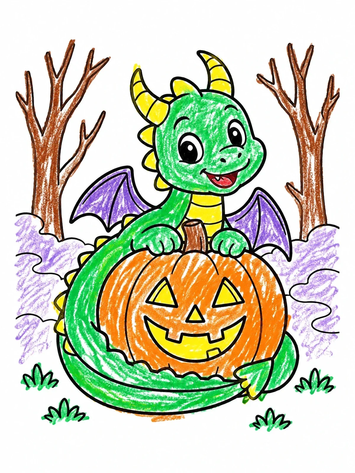 Colored example of the Cute Baby Dragon Hugging Halloween Pumpkin coloring page