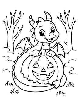 Free printable Cute Baby Dragon Hugging Halloween Pumpkin coloring page