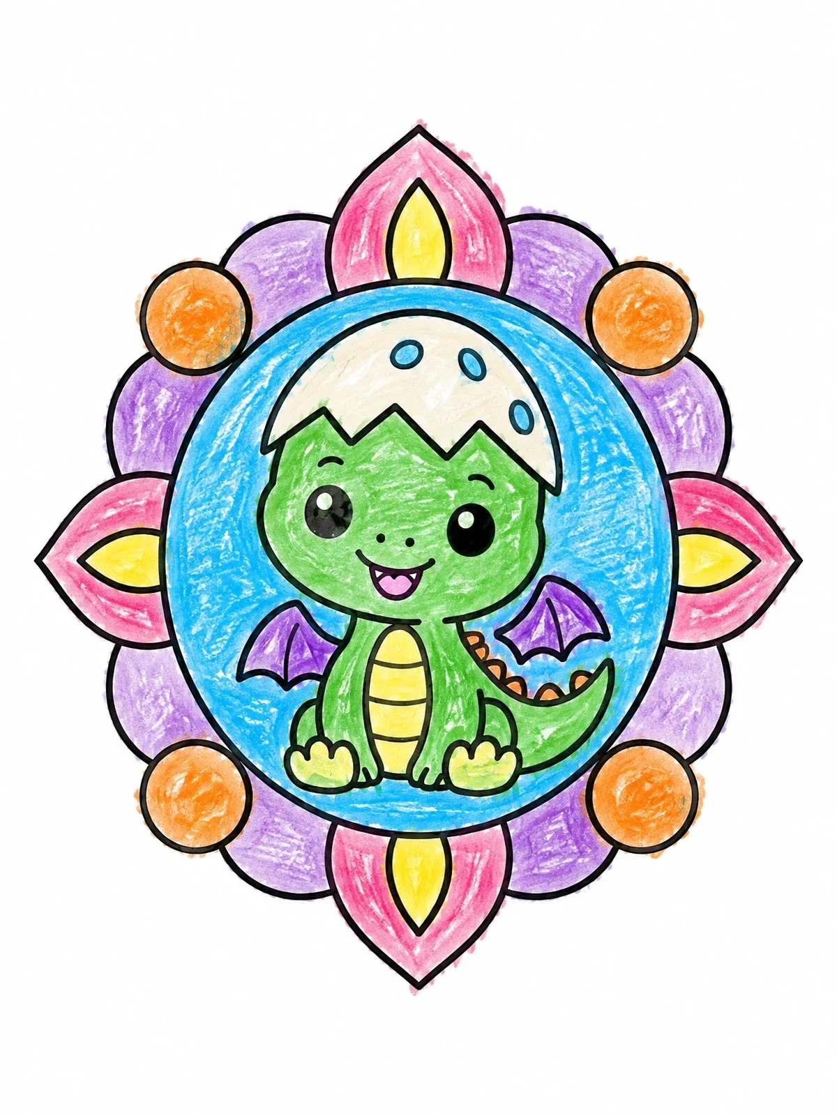 Colored example of the Cute Baby Dragon In Mandala Frame coloring page