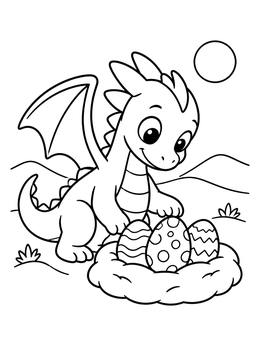 A cute baby dragon coloring page featuring patterned eggs in a cozy nest outdoors.