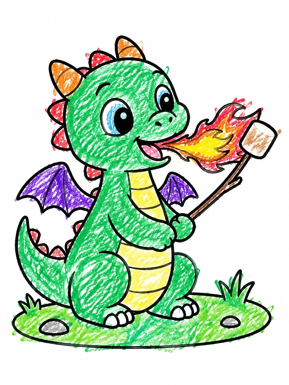 Colored example of the Cute Baby Dragon Roasting A Marshmallow coloring page