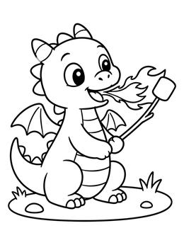 Free printable Cute Baby Dragon Roasting A Marshmallow coloring page
