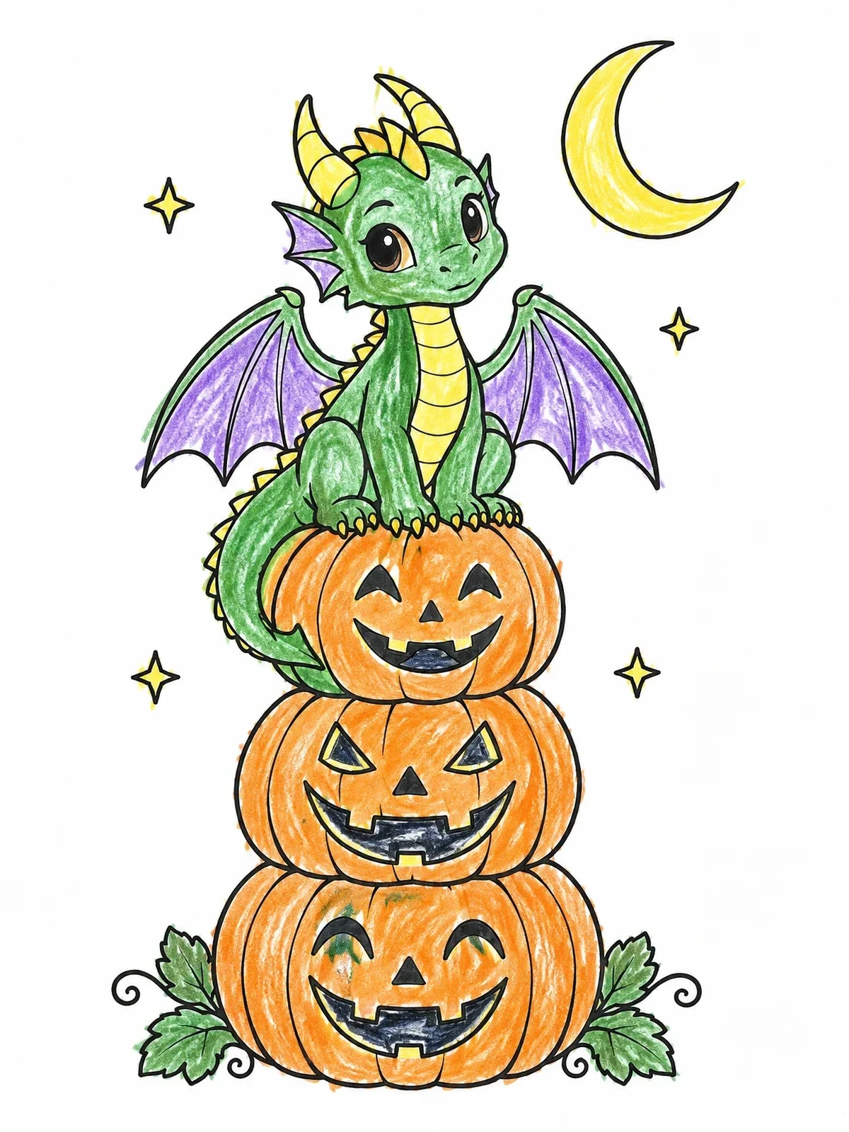 Colored example of the Cute Dragon On Halloween Pumpkins coloring page