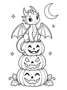 A cute halloween dragon coloring page showing a baby dragon sitting on stacked pumpkins.