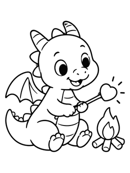 Free printable Baby Dragon Toasting Heart Marshmallow coloring page