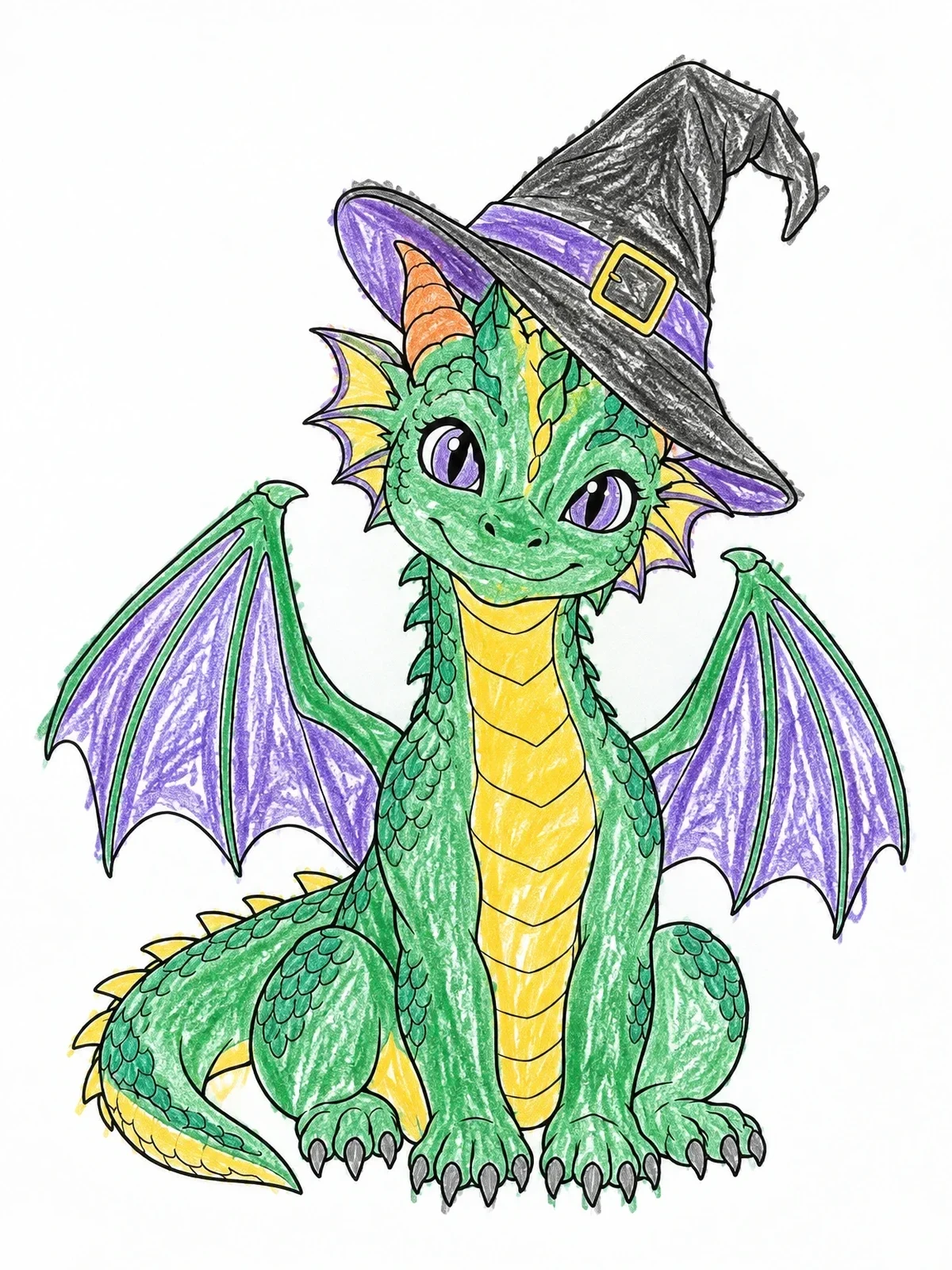 Colored example of the Cute Baby Dragon In Witch Hat coloring page