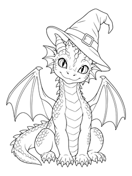 A cute halloween dragon coloring page featuring a baby dragon wearing a tilted witch hat.