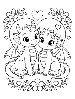 Two friendly baby dragons sitting inside a heart on this dragon valentine coloring page.