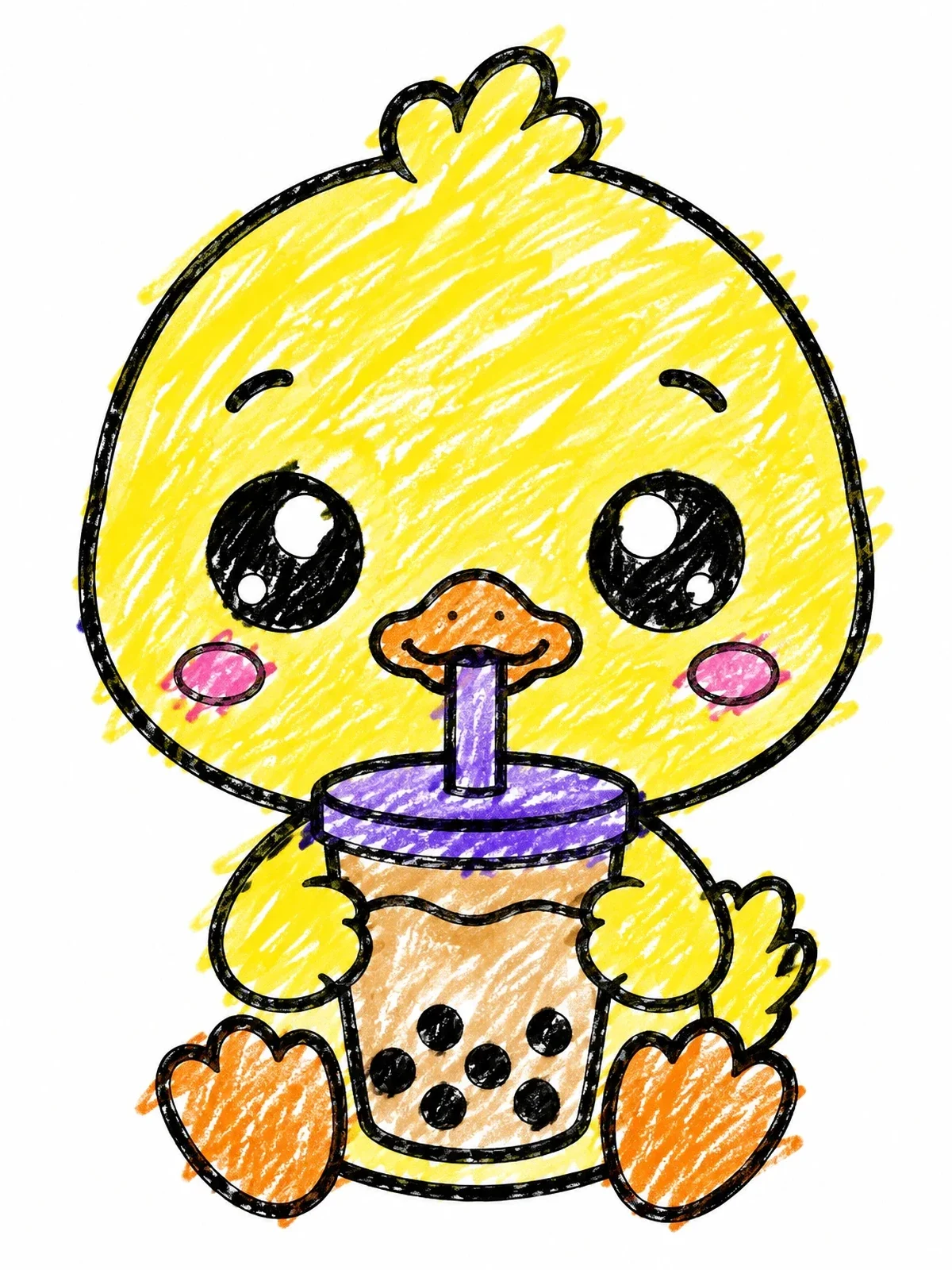 Colored example of the Cute Baby Duck Drinking Boba Tea coloring page