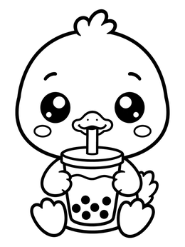 A sweet duck coloring page featuring a baby duckling sipping boba tea.