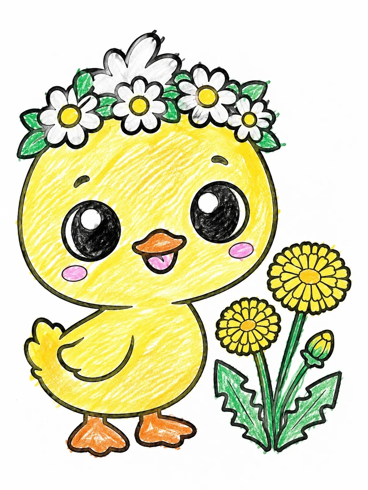 Colored example of the Cute Duckling With Flower Crown coloring page