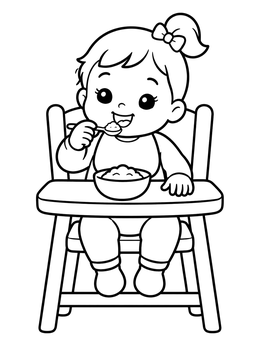 Free printable Happy Baby Eating In High Chair coloring page