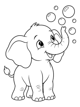 Playful cartoon elephant coloring page with a happy baby elephant blowing soap bubbles.