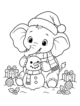 Free printable Cute Elephant Building A Snowman coloring page