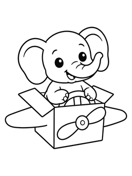 A cute baby elephant coloring page playing pilot in a cardboard airplane box.
