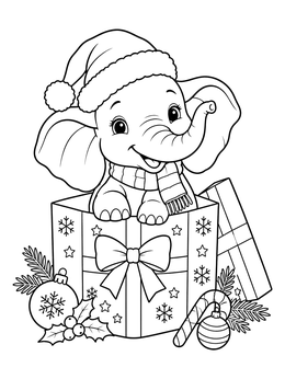 A festive christmas elephant coloring page showing a cute baby elephant popping out of a holiday gift box.