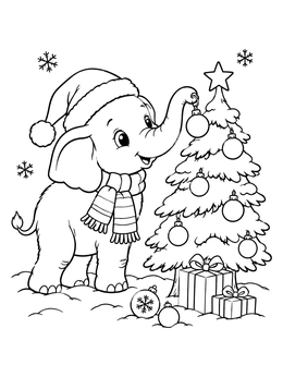 Free printable Baby Elephant Decorating Christmas Tree coloring page