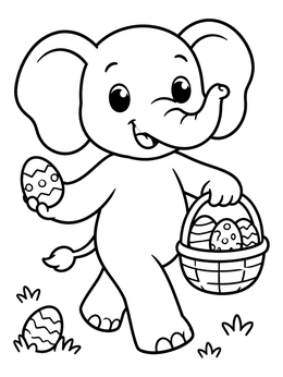 A cheerful baby elephant coloring page carrying a basket filled with decorated Easter eggs.