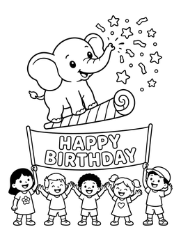 Kids holding a banner in this happy birthday dad coloring page with a cute baby elephant.