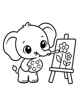 A sweet elephant coloring page showing a baby elephant painting flowers at an easel.