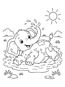 A cheerful baby elephant coloring page splashing happily in a muddy puddle under the sun.