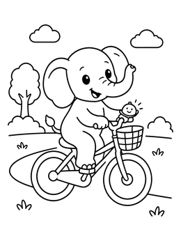 A cheerful baby elephant coloring page as it happily rides a bicycle through a sunny park.