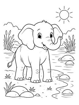 A cheerful baby elephant coloring page by a sunny riverbank with reeds and stones.
