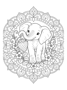 A cute baby elephant holds a giant fruit in this strawberry coloring page framed by a mandala.