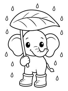 A cute baby elephant coloring page with rain boots holding a leaf umbrella in the rain.