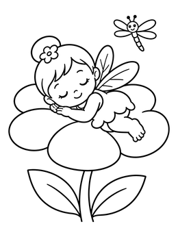 A cute baby coloring page showing a winged fairy resting atop a large flower.