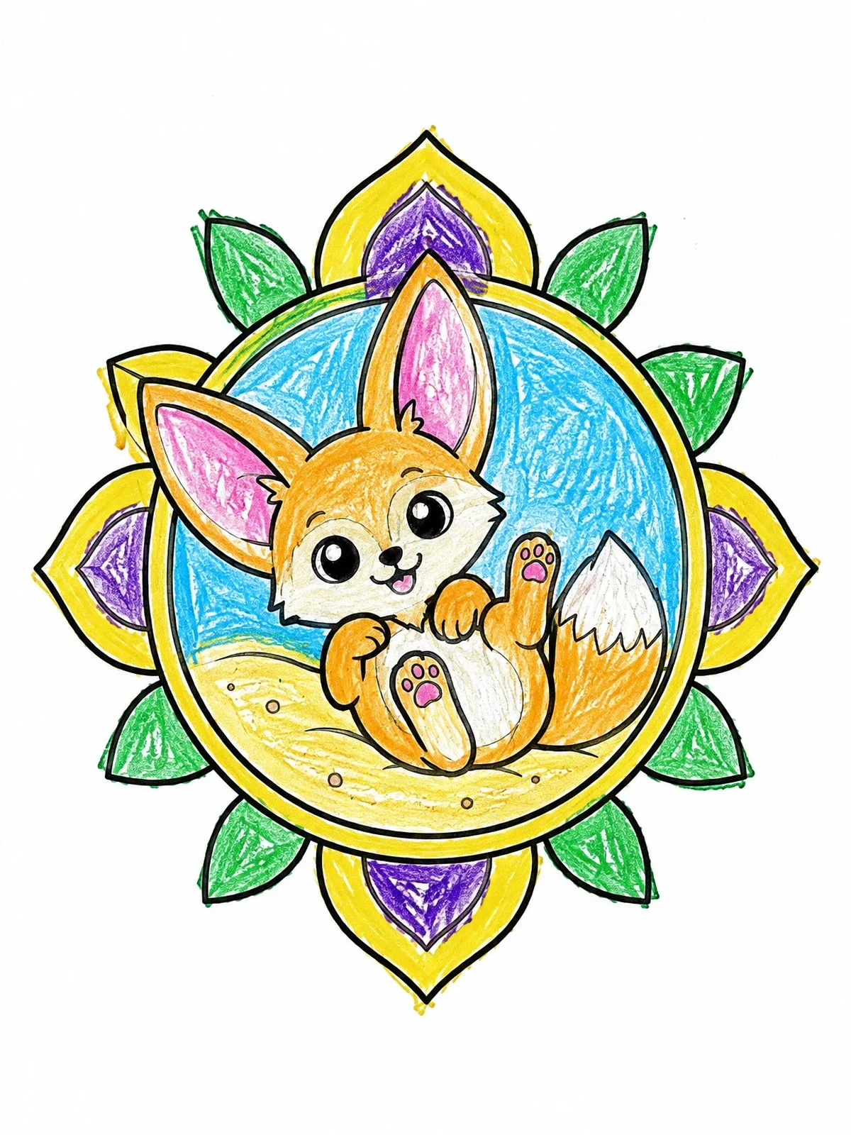 Colored example of the Playful Baby Fennec Fox Frame coloring page